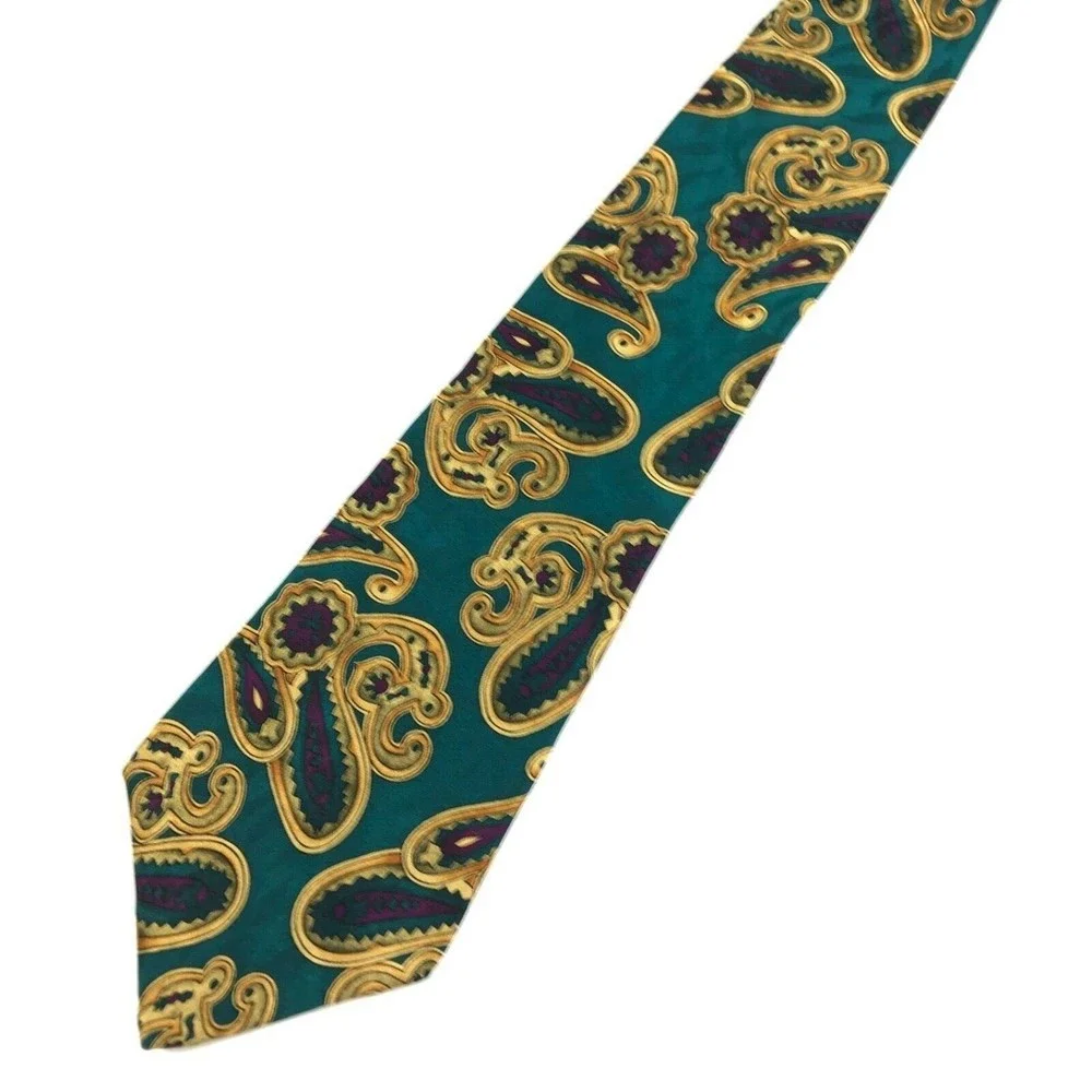 LIBERTY OF LONDON Men's 100% Silk Necktie Luxury PAISLEY Green/Purple/Yellow USA